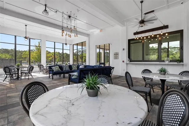 a view of a dining room with furniture window and outside view