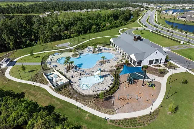 an aerial view of a swimming pool