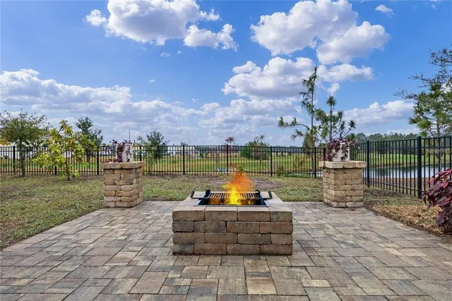 a view of a park with large trees