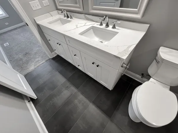 a bathroom with a double vanity sink mirror and toilet