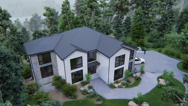 an aerial view of a house with balcony