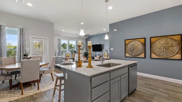 a view of a dining room with furniture