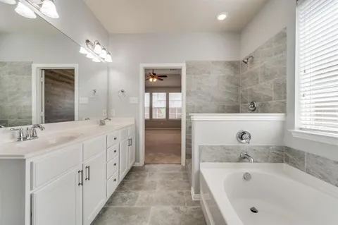 a bathroom with a tub a double vanity sink and mirror