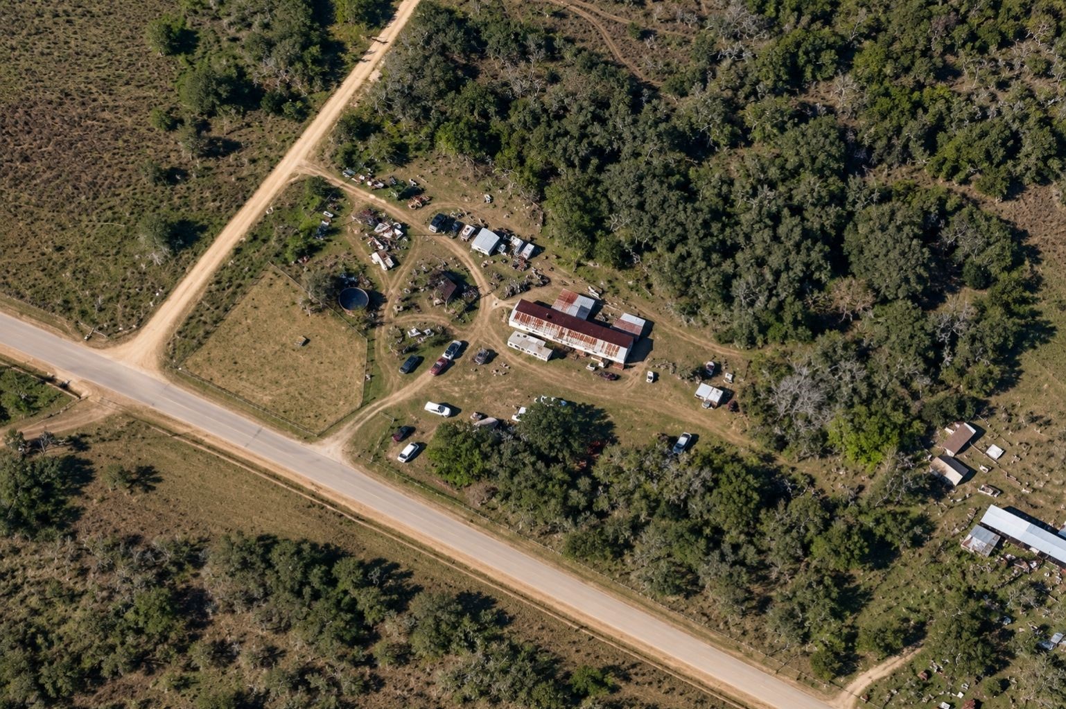 9880 Dix Road Kingsbury, TX 78638 - Photo 37 of 39 Aerial view showing the property layout, access road, and surrounding acreage, enhanced from Google Earth imagery.