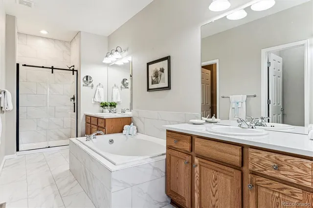 a bathroom with a tub sink and mirror