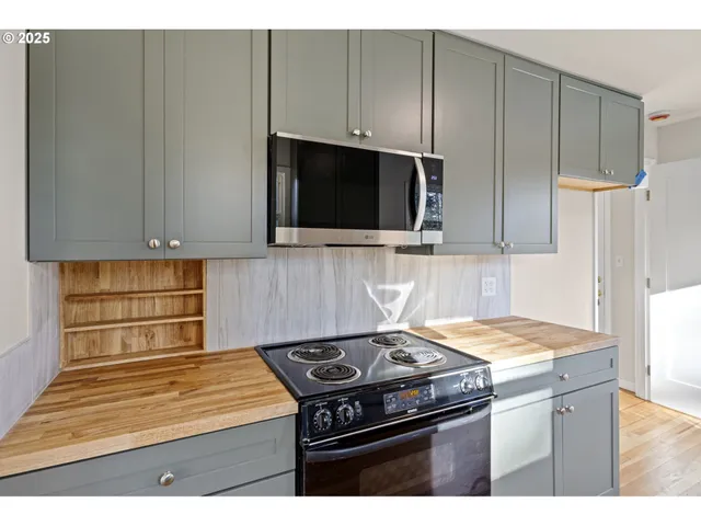 a kitchen with a stove and a microwave
