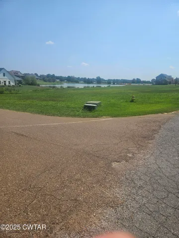 a view of a field with trees in background