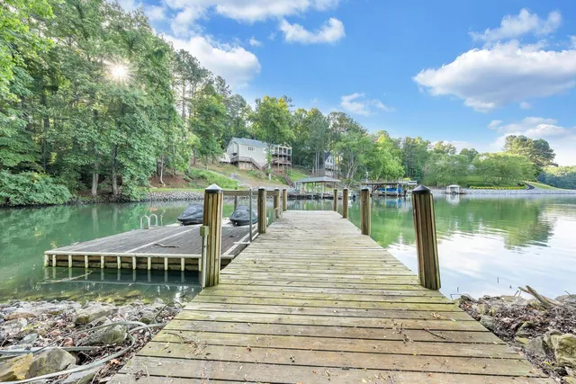 a view of a lake with a patio