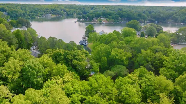 a view of a lake with green space and mountain view in back