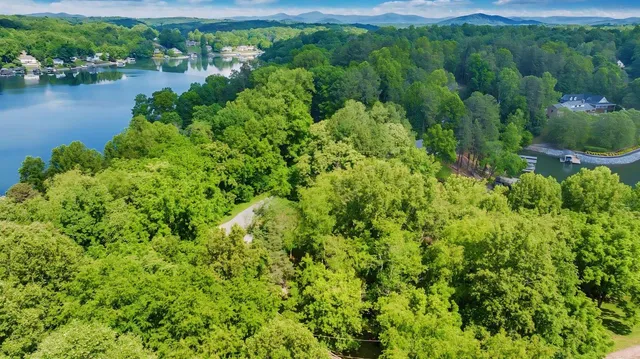 an aerial view of residential houses with outdoor space and trees