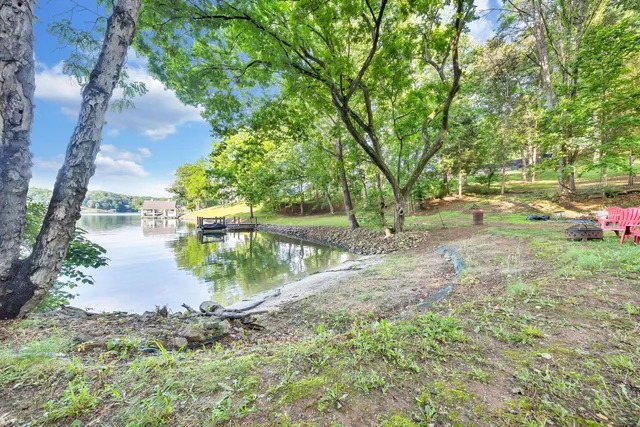 a backyard of a house with yard and lake view