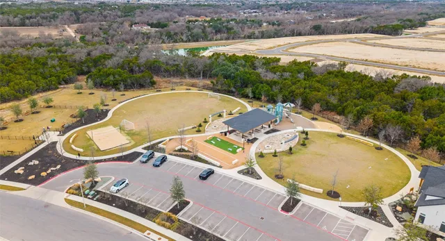 an aerial view of a swimming pool