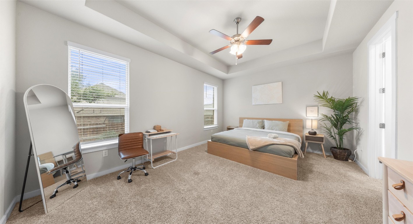 2416 Bear Cub Bend Leander, TX 78641 - Photo 8 of 24 a bedroom with a large bed and a chandelier