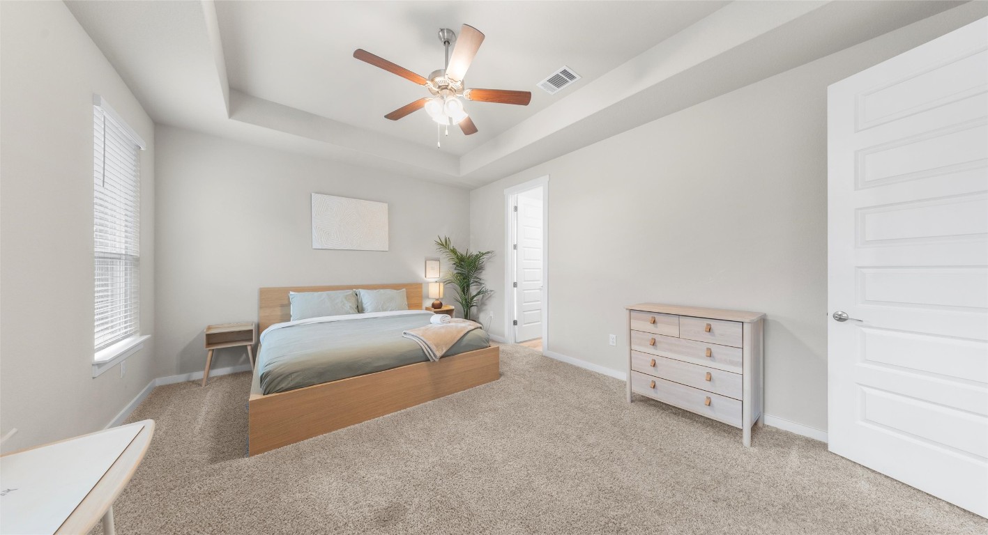 2416 Bear Cub Bend Leander, TX 78641 - Photo 9 of 24 a bedroom with a bed chandelier and a window