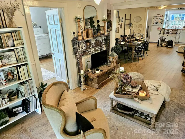 a living room with furniture gym equipment and a fireplace