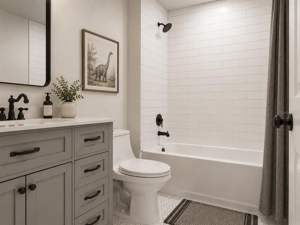 9412 Noddy Tern Road Weeki Wachee, FL 34613 - Photo 18 of 35 a bathroom with a toilet a sink a mirror a bathtub and vanity