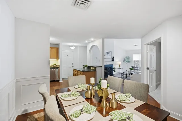 a view of a dining room with furniture