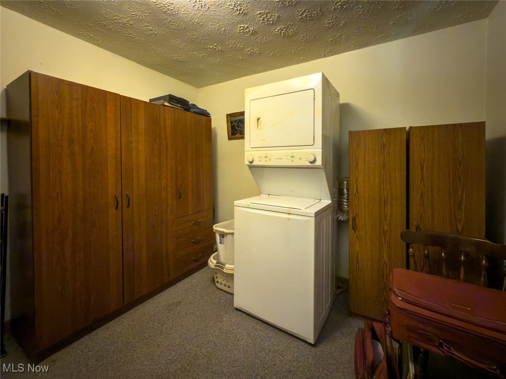 34390 Barber Ridge Road Lewisville, OH 43754 - Photo 26 of 50 Laundry area featuring stacked washer / dryer, a textured ceiling, and carpet flooring
