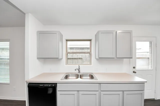a kitchen with white cabinets a sink and dishwasher