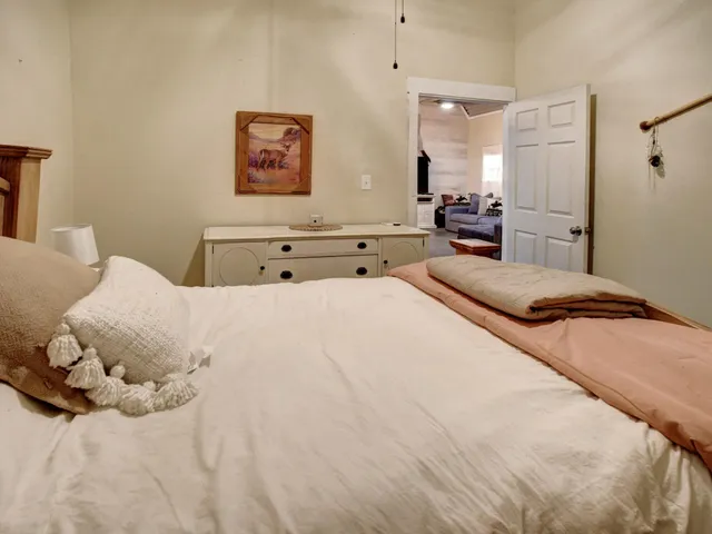 a view of a bedroom with wooden floor and closet