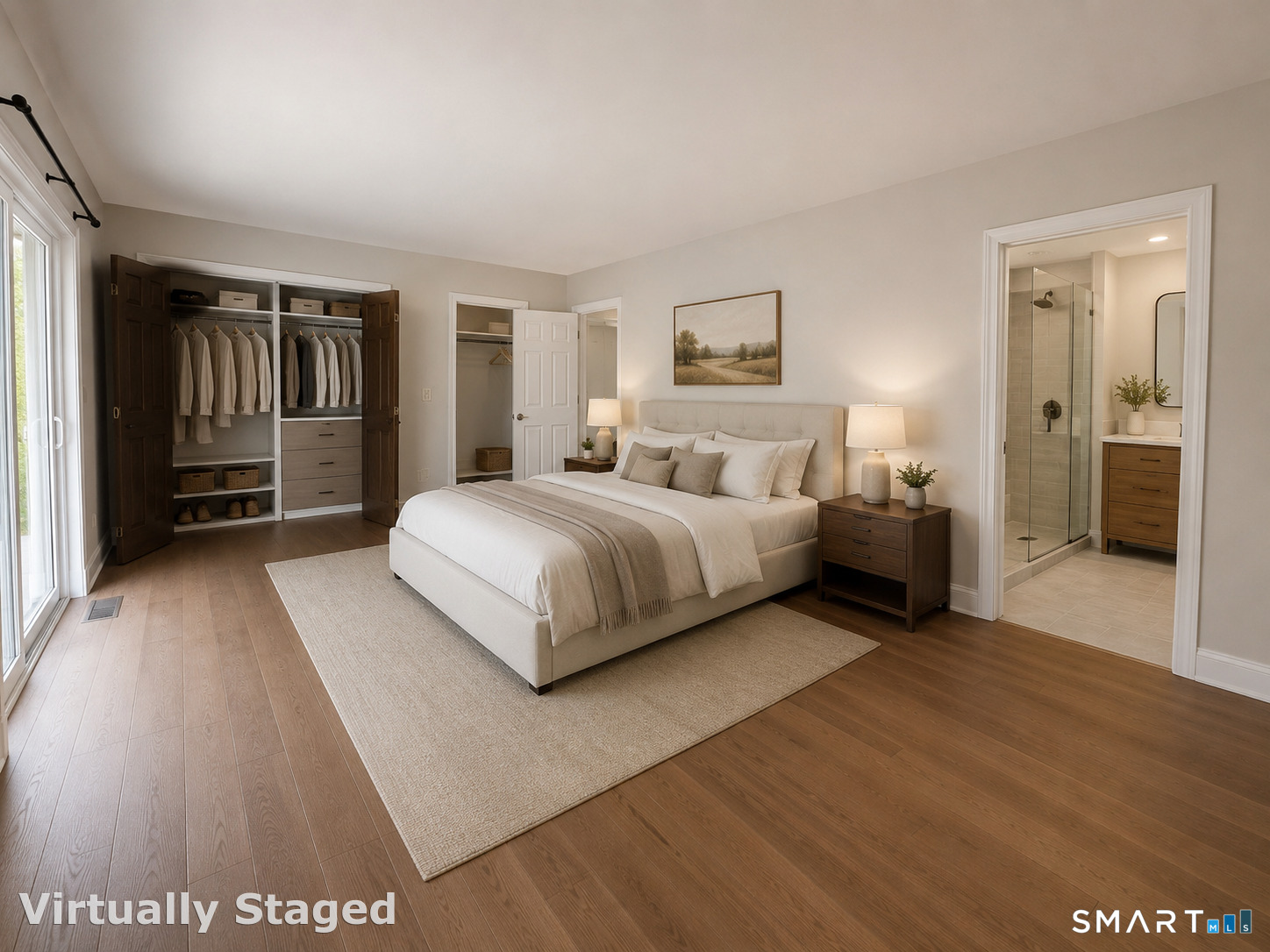 370 Hubbard Road Haddam, CT 06441 - Photo 24 of 39 Virtually staged primary bedroom. There is a an ensuite full bath, sliders to a balcony and two closets (one of which is a walk-in).