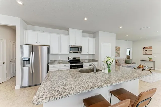 a kitchen with refrigerator cabinets and a counter top space