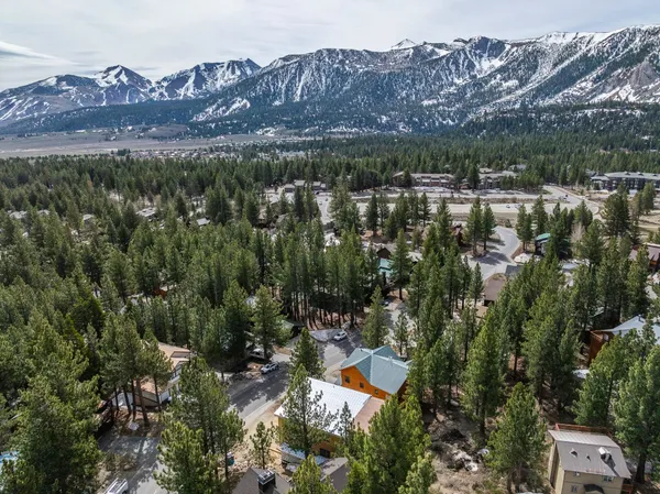 an aerial view of a residential houses with yard and mountain view