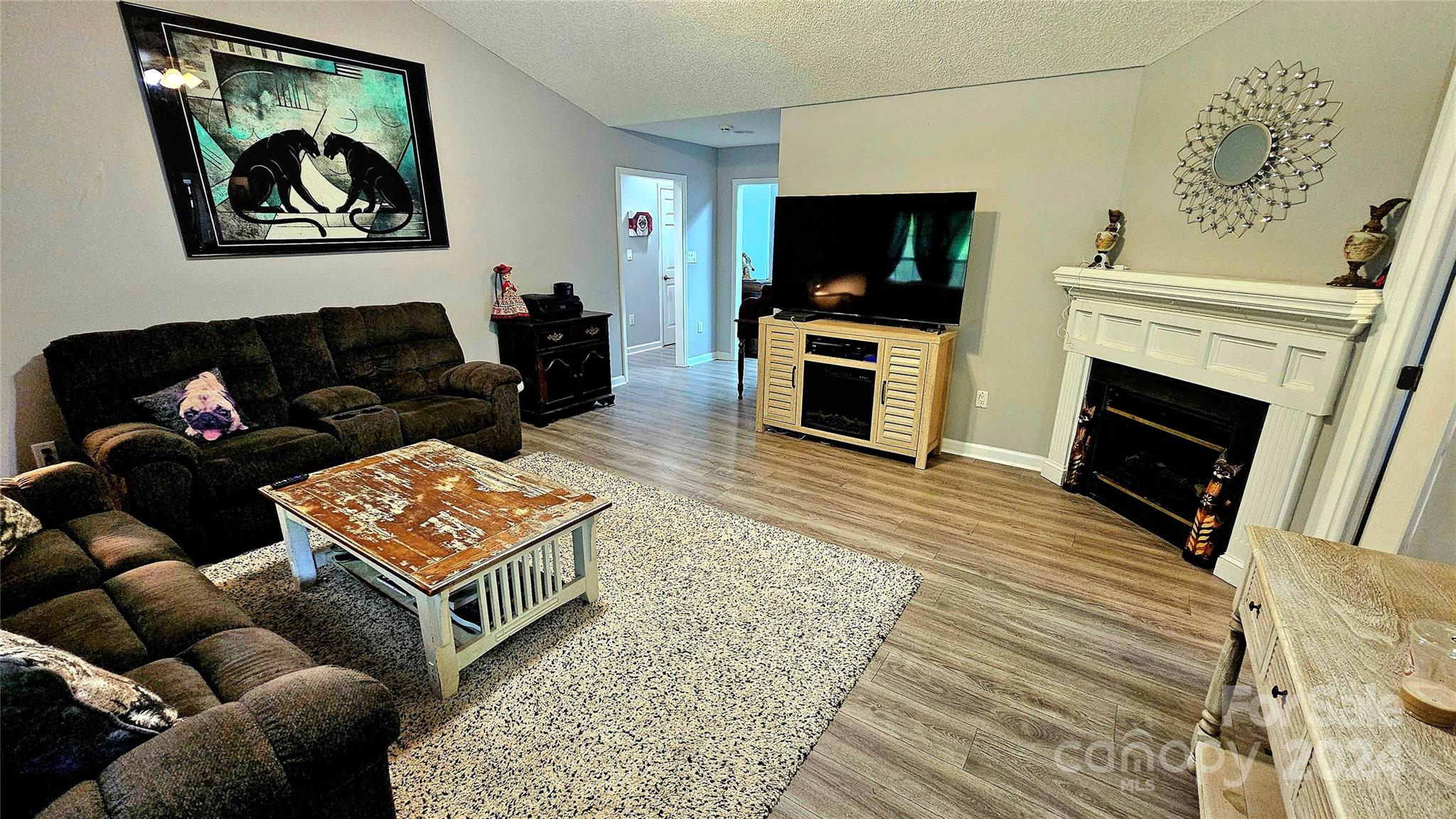 5013 Medlin Road Monroe, NC 28112 - Photo 14 of 30 a living room with furniture a flat screen tv and a fireplace