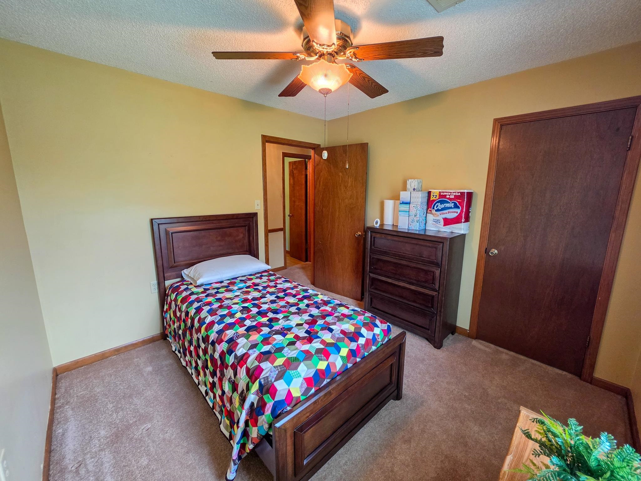 966 Beaver Road Munford, TN 38058 - Photo 16 of 32 Carpeted room with a ceiling fan light fixture, light yellow wall color, and dark wood-finish trim