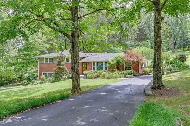 a front view of a house with a yard and green space