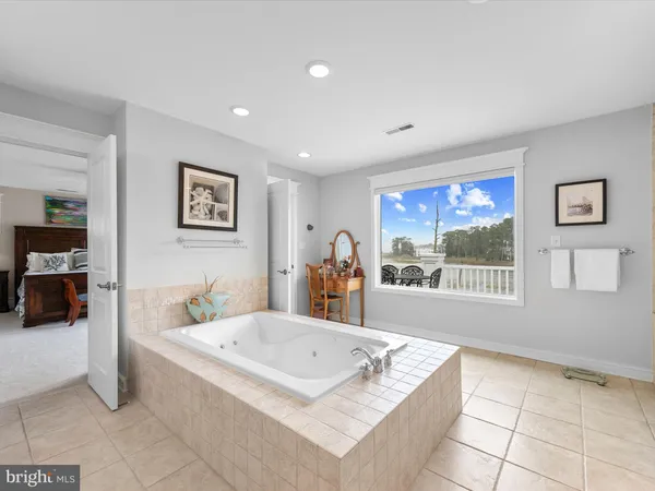 a garden view with a seating space