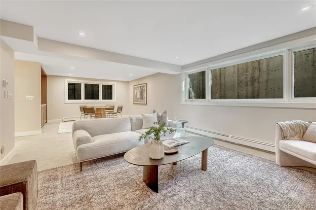 a living room with furniture and a potted plant
