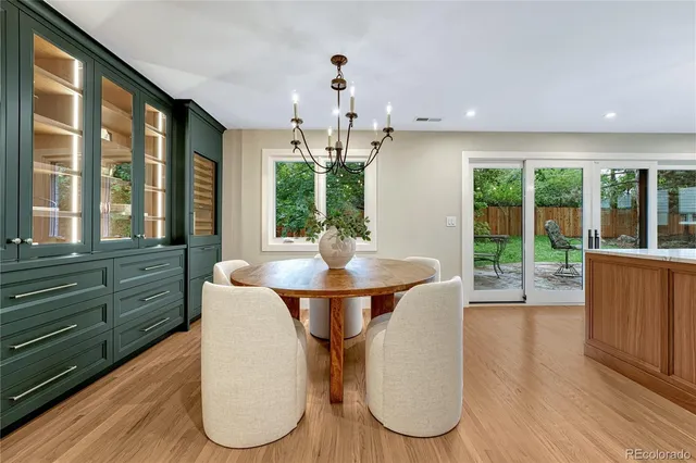 a view of a dining room with furniture window and wooden floor