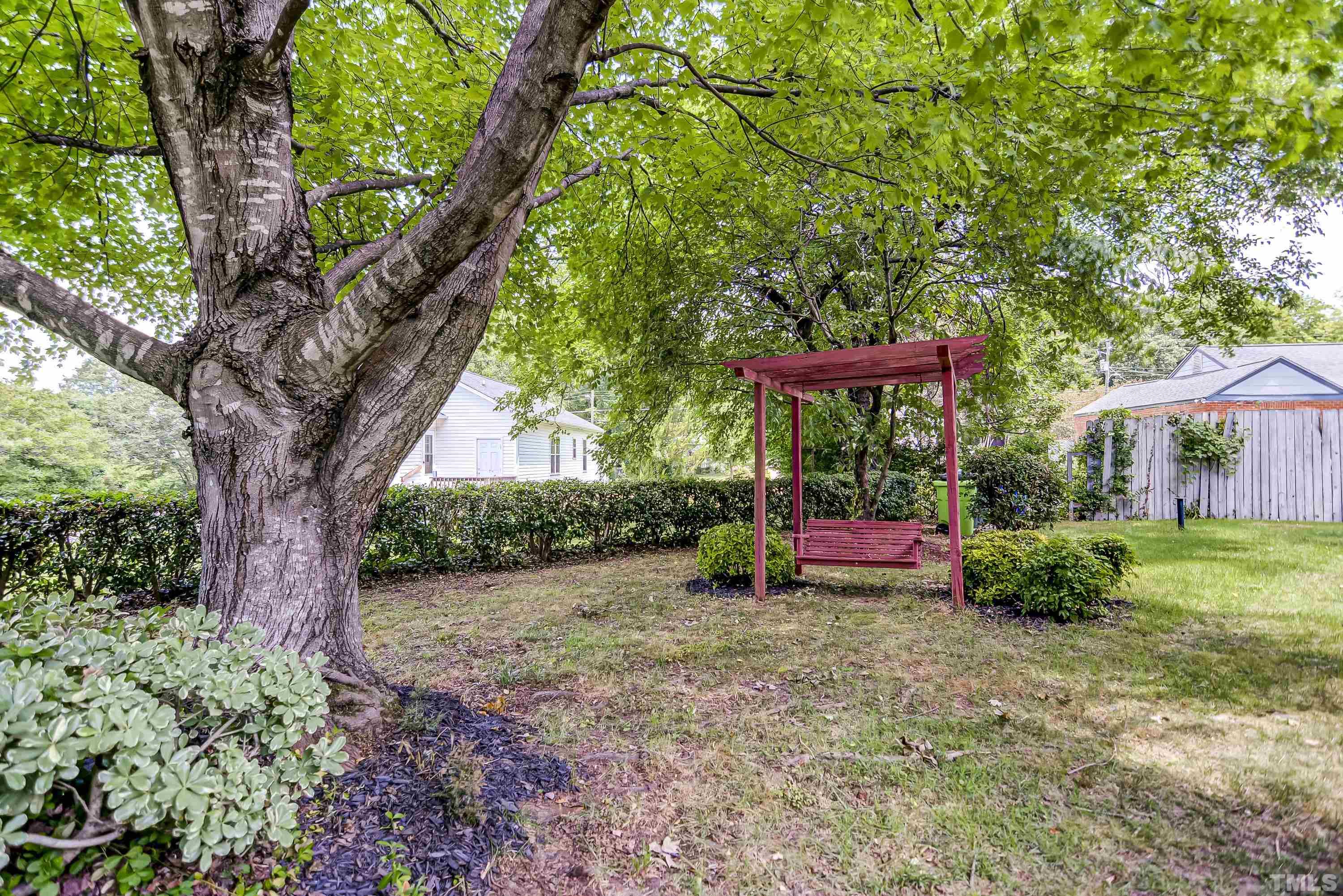 207 Myers Avenue Raleigh, NC 27604 - Photo 26 of 26 a view of a yard with plants and a table and chair under an umbrella