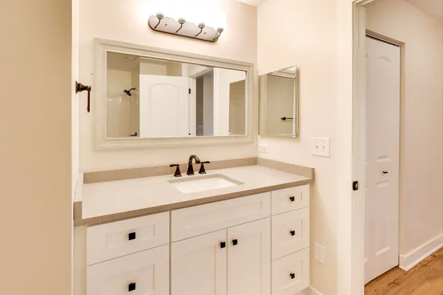a bathroom with a sink vanity and mirror