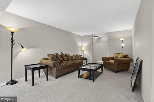 a living room with furniture and a lamp