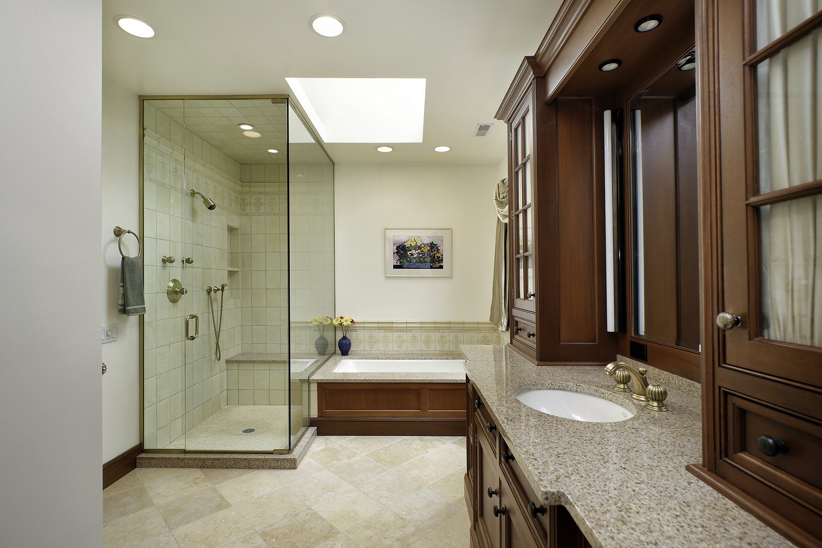 578 Sunset Ridge Road Northfield, IL 60093 - Photo 16 of 21 a bathroom with a granite countertop sink a mirror and a shower