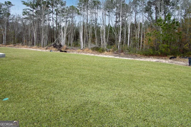 a backyard of a house with lots of green space and fountain