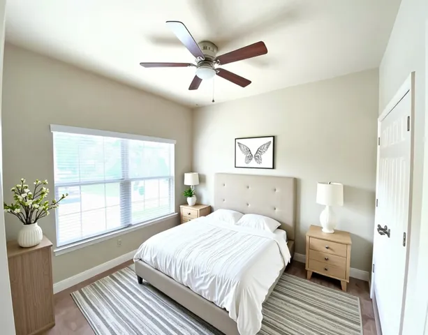 a bedroom with a large bed and a window