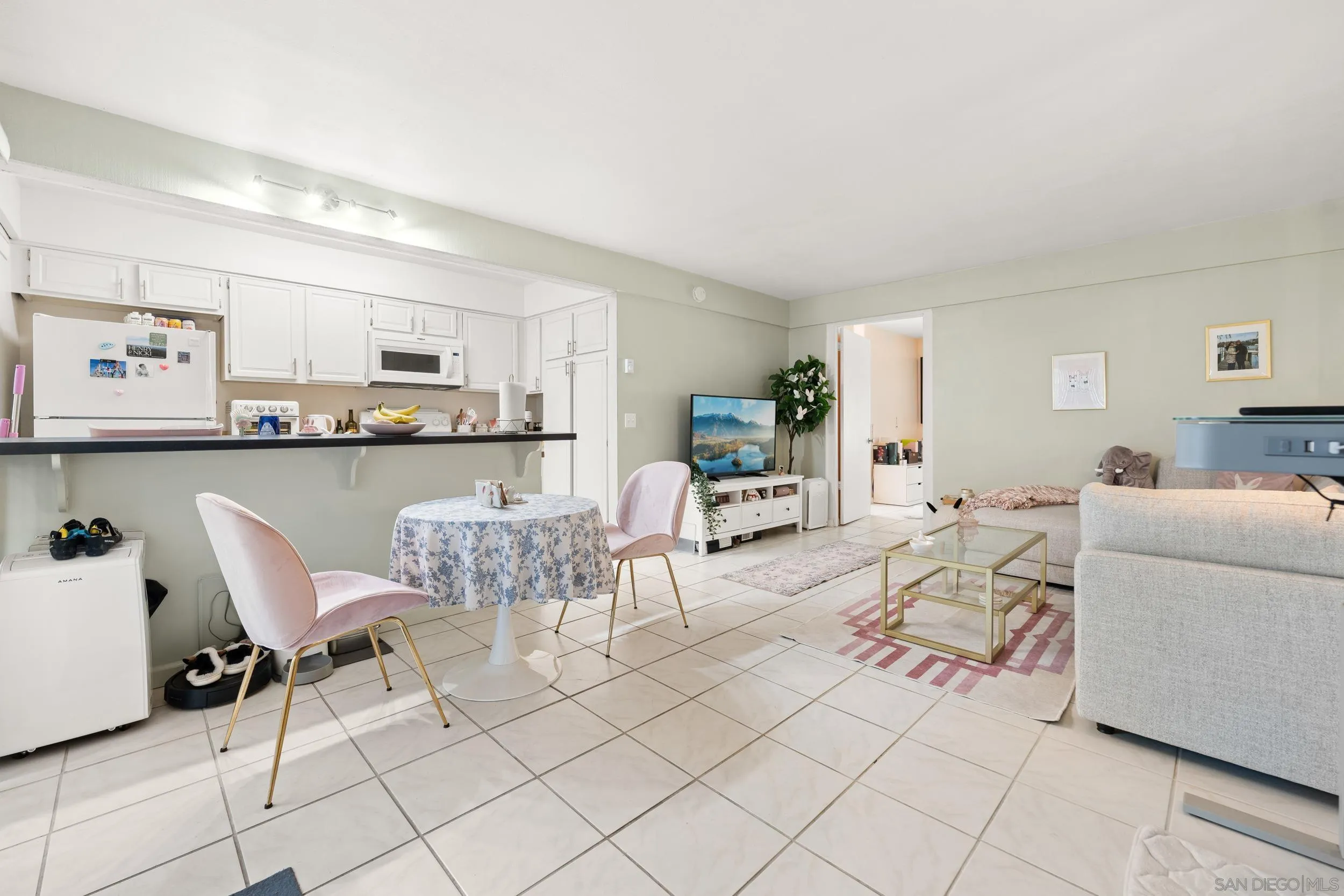 a living room with furniture and a kitchen area