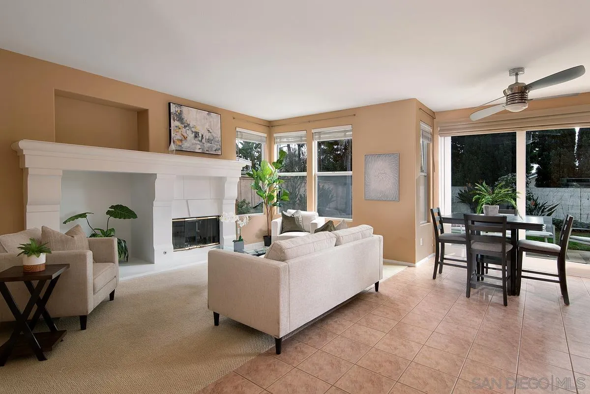 4951 Riding Ridge Road San Diego, CA 92130 - Photo 8 of 32 a living room with furniture a fireplace and a table
