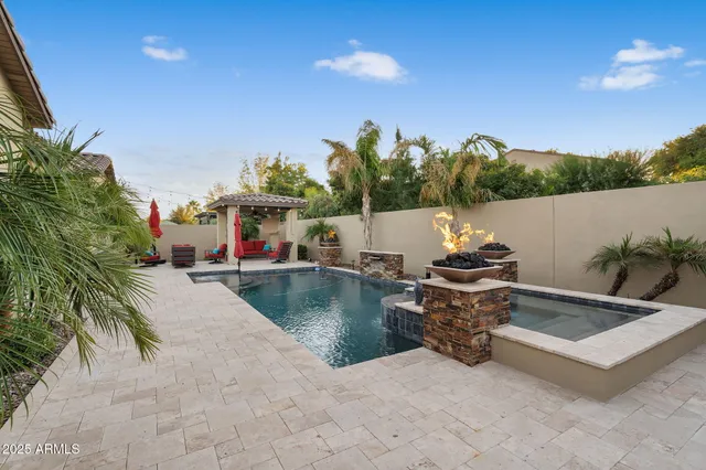 a aerial view of a house with a yard and potted plants