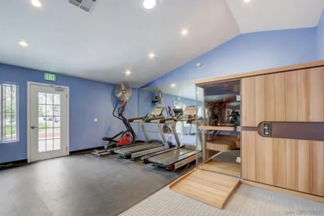 a view of a room with gym equipment