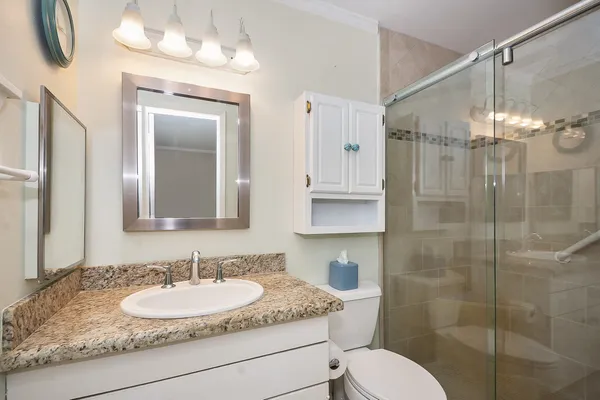 a bathroom with a granite countertop sink a toilet a mirror and shower