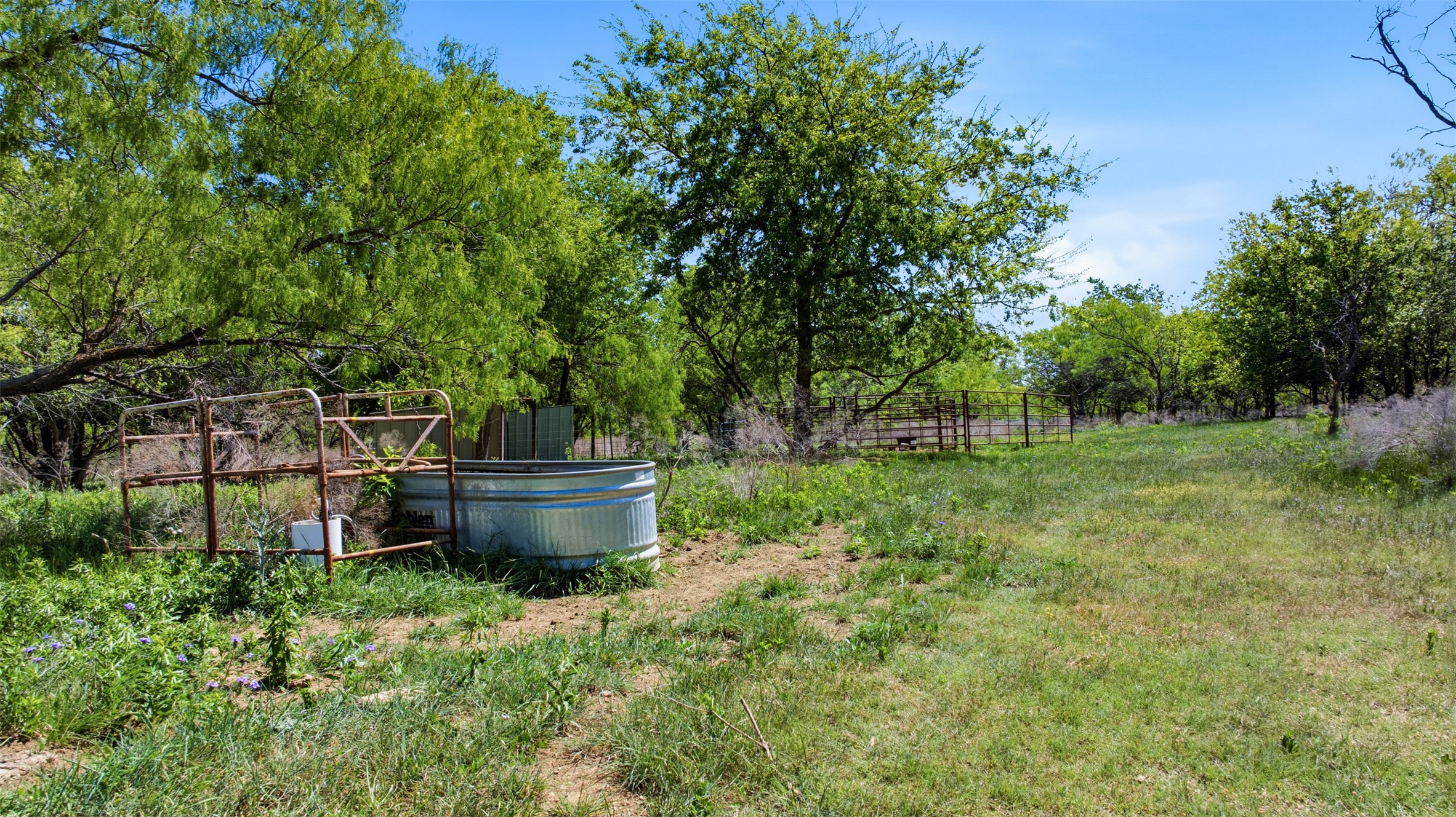 6947 Moody Road Moody, TX 76557 - Photo 14 of 24 Mature trees frame a grassy pasture complete with metal livestock fencing and a watering trough.