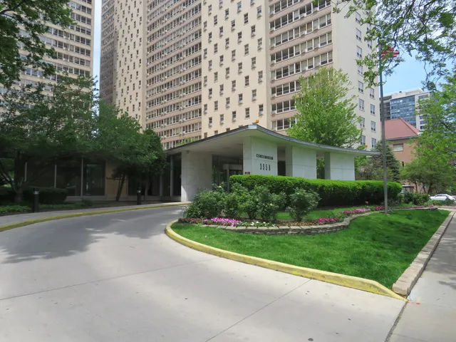 a view of a park with large trees
