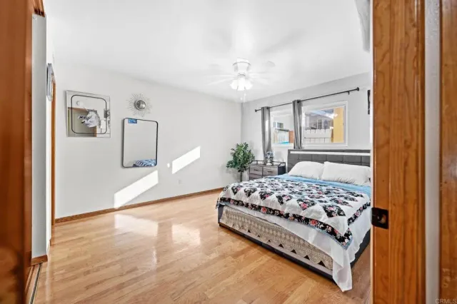 a spacious bedroom with a bed and a potted plant