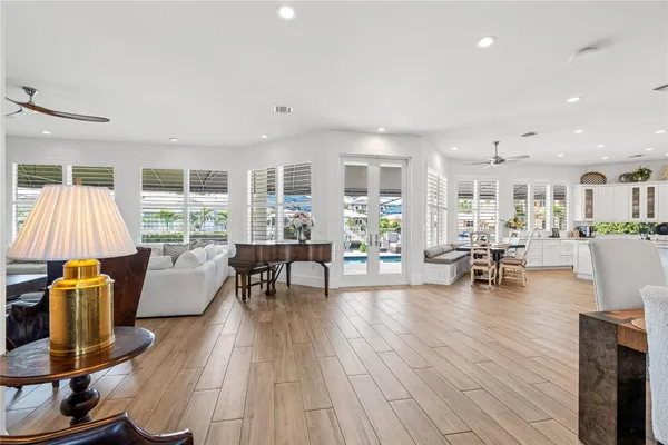 a living room with furniture and a table