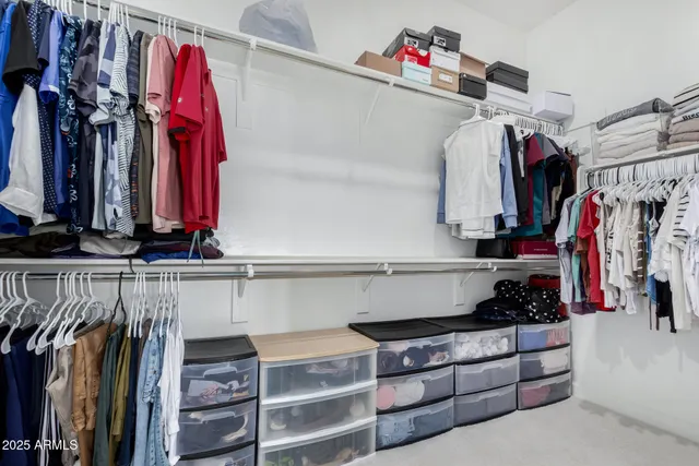 a view of walk in closet with clothes and shoes