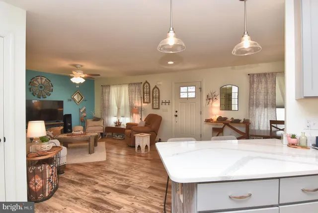 a view of a dining room with furniture